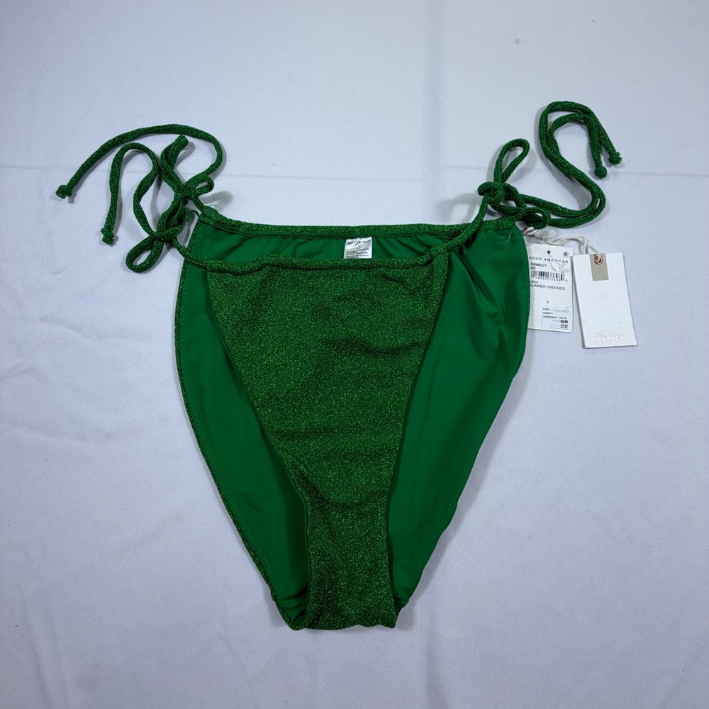Good American Sparkle Side Tie Bikini Bottom Summer Green GSW0371 Size 5 NEW